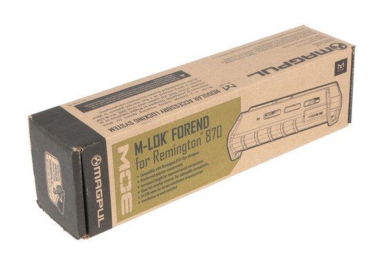 The magpul m-lok stock for remington 870 pump action 12 gauge shotgun comes in a cardboard box